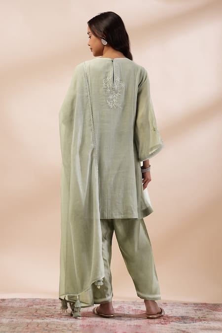 Shop Kyra By Bhavna Green Silk, Cotton, Embroidery, Sequins, Lace Round Kurta Set at Aza Fashions Shop_Kyra By Bhavna_Green Silk, Cotton, Embroidery, Sequins, Lace Round Kurta Set _at_Aza_Fashions