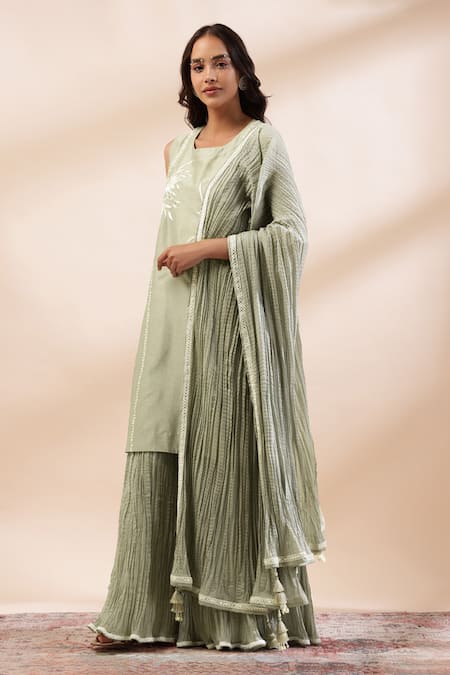 Kyra By Bhavna Green Chanderi Silk, Cotton, Voile Embroidery, Lace Round Neck Kurta Set Online at Aza Fashions Kyra By Bhavna_Green Chanderi Silk, Cotton, Voile Embroidery, Lace Round Neck Kurta Set _Online_at_Aza_Fashions