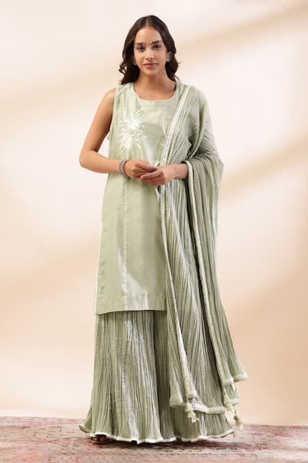 Kyra By Bhavna Green Chanderi Silk, Cotton, Voile Embroidery, Lace Round Neck Kurta Set 