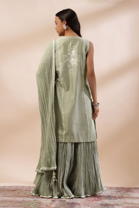 Shop Kyra By Bhavna Green Chanderi Silk, Cotton, Voile Embroidery, Lace Round Neck Kurta Set at Aza Fashions Shop_Kyra By Bhavna_Green Chanderi Silk, Cotton, Voile Embroidery, Lace Round Neck Kurta Set _at_Aza_Fashions