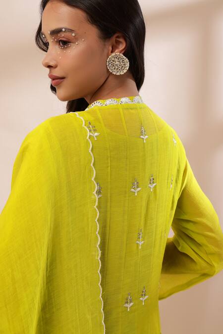 Shop Kyra By Bhavna Green Chanderi Silk, Cotton Embroidery V-neck Angrakha Set With Dupatta Online at Aza Fashions Shop_Kyra By Bhavna_Green Chanderi Silk, Cotton Embroidery V-neck Angrakha Set With Dupatta _Online_at_Aza_Fashions