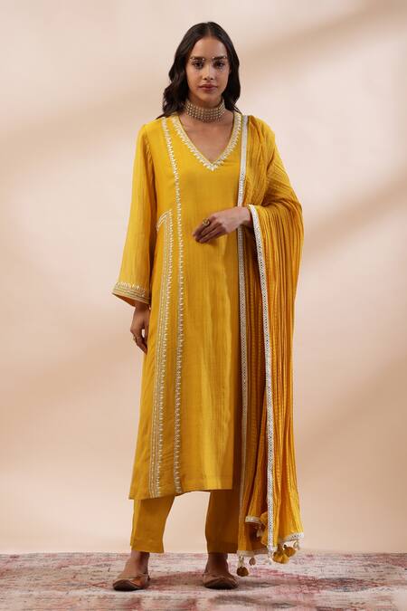 Kyra By Bhavna Mustard Chanderi Silk, Cotton Lace V-neck Yellow A-line Kurta Set Online at Aza Fashions Kyra By Bhavna_Mustard Chanderi Silk, Cotton Lace V-neck Yellow A-line Kurta Set _Online_at_Aza_Fashions