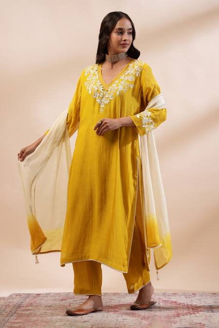 Buy Kyra By Bhavna Mustard Chanderi Silk, Cotton Embroidery, Lace V-neck Yellow Floral Kurta Set Online at Aza Fashions Buy_Kyra By Bhavna_Mustard Chanderi Silk, Cotton Embroidery, Lace V-neck Yellow Floral Kurta Set _Online_at_Aza_Fashions