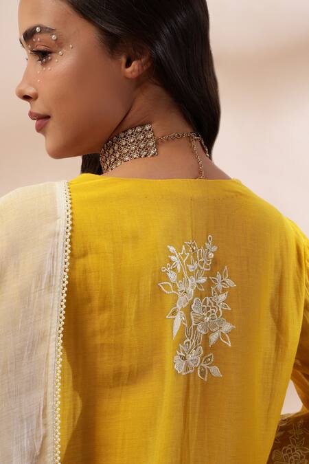 Kyra By Bhavna Mustard Chanderi Silk, Cotton Embroidery, Lace V-neck Yellow Floral Kurta Set at Aza Fashions Kyra By Bhavna_Mustard Chanderi Silk, Cotton Embroidery, Lace V-neck Yellow Floral Kurta Set _at_Aza_Fashions