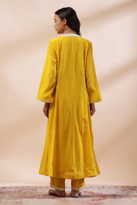 Shop Kyra By Bhavna Mustard Lace, Embroidery V-neck Front Slit Anarkali Kurta Set at Aza Fashions Shop_Kyra By Bhavna_Mustard Lace, Embroidery V-neck Front Slit Anarkali Kurta Set _at_Aza_Fashions