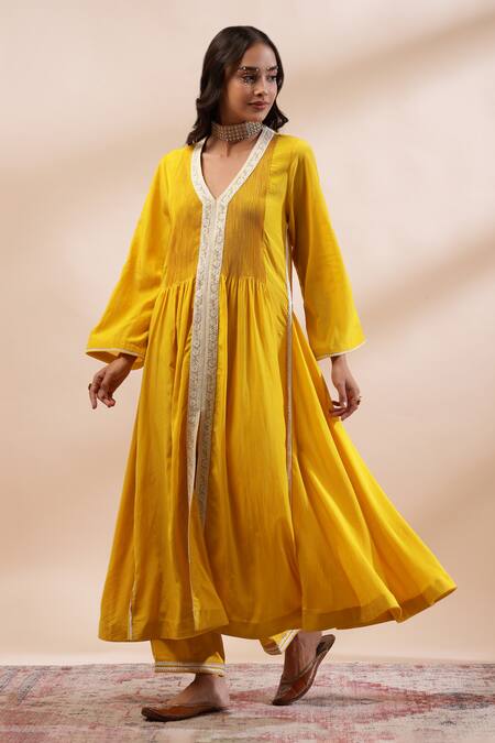 Kyra By Bhavna Mustard Lace, Embroidery V-neck Front Slit Anarkali Kurta Set Online at Aza Fashions Kyra By Bhavna_Mustard Lace, Embroidery V-neck Front Slit Anarkali Kurta Set _Online_at_Aza_Fashions