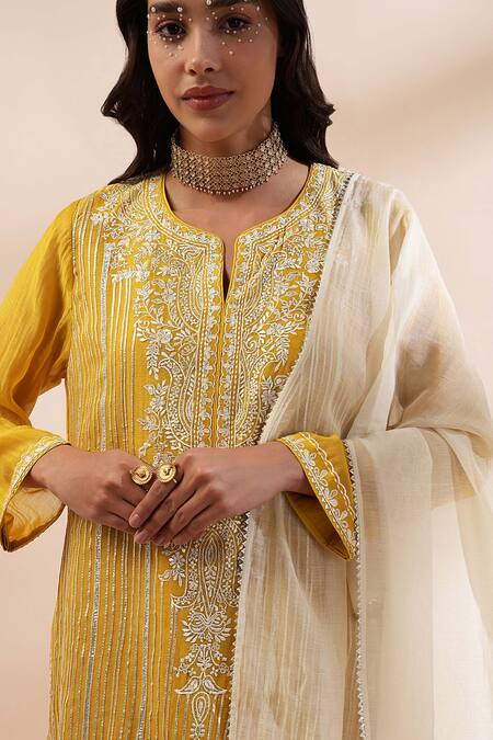 Kyra By Bhavna Mustard Cotton, Silk, Cotton, Yellow Straight Cut Kurta Set Online at Aza Fashions Kyra By Bhavna_Mustard Cotton, Silk, Cotton, Yellow Straight Cut Kurta Set _Online_at_Aza_Fashions