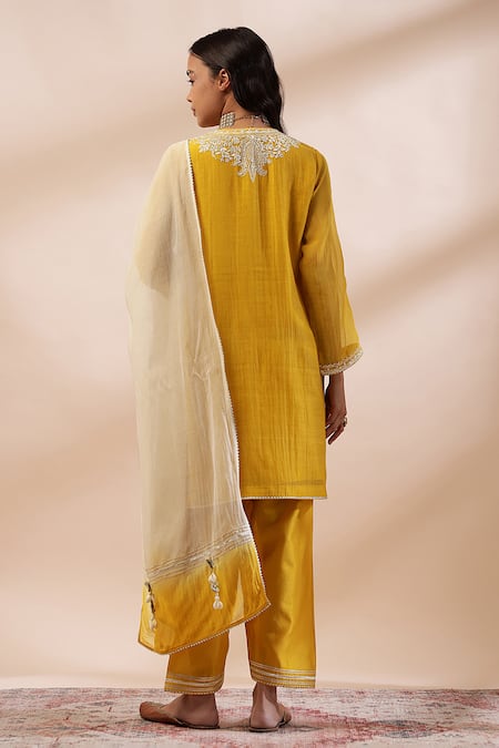 Shop Kyra By Bhavna Mustard Cotton, Silk, Cotton, Yellow Straight Cut Kurta Set at Aza Fashions Shop_Kyra By Bhavna_Mustard Cotton, Silk, Cotton, Yellow Straight Cut Kurta Set _at_Aza_Fashions