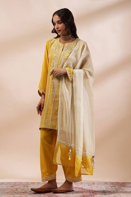 Shop Kyra By Bhavna Mustard Cotton, Silk, Cotton, Yellow Straight Cut Kurta Set Online at Aza Fashions Shop_Kyra By Bhavna_Mustard Cotton, Silk, Cotton, Yellow Straight Cut Kurta Set _Online_at_Aza_Fashions