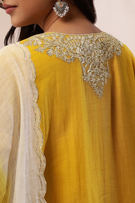 Kyra By Bhavna_Mustard Chanderi Silk, Cotton Gota Patti, Lace Round Neck Regal Flared Kurta Set _Online_at_Aza_Fashions
