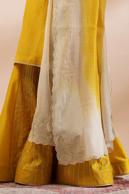 Shop_Kyra By Bhavna_Mustard Chanderi Silk, Cotton Gota Patti, Lace Round Neck Regal Flared Kurta Set _Online_at_Aza_Fashions