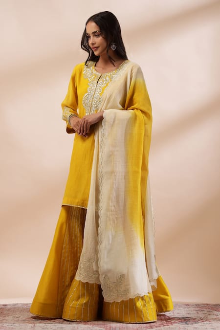 Kyra By Bhavna_Mustard Chanderi Silk, Cotton Gota Patti, Lace Round Neck Regal Flared Kurta Set _at_Aza_Fashions
