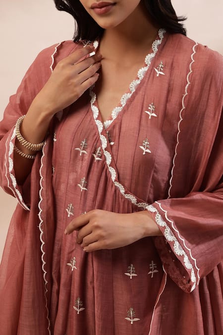 Kyra By Bhavna Rust Chanderi Silk, Cotton Embroidery V-neck Floral Mocha Anarkali Set Online at Aza Fashions Kyra By Bhavna_Rust Chanderi Silk, Cotton Embroidery V-neck Floral Mocha Anarkali Set _Online_at_Aza_Fashions