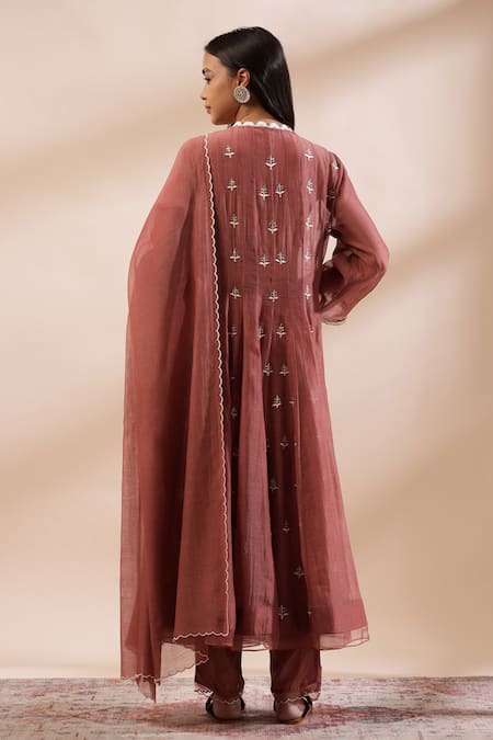 Shop Kyra By Bhavna Rust Chanderi Silk, Cotton Embroidery V-neck Floral Mocha Anarkali Set at Aza Fashions Shop_Kyra By Bhavna_Rust Chanderi Silk, Cotton Embroidery V-neck Floral Mocha Anarkali Set _at_Aza_Fashions