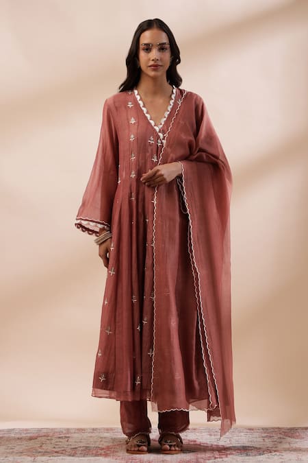 Shop Kyra By Bhavna Rust Chanderi Silk, Cotton Embroidery V-neck Floral Mocha Anarkali Set Online at Aza Fashions Shop_Kyra By Bhavna_Rust Chanderi Silk, Cotton Embroidery V-neck Floral Mocha Anarkali Set _Online_at_Aza_Fashions