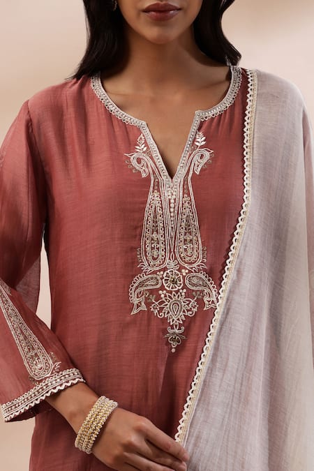 Kyra By Bhavna_Brown Silk, Cotton Rust Kurta Set With Ombre Dupatta _Online_at_Aza_Fashions