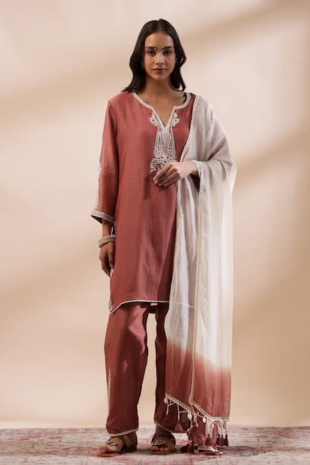 Shop_Kyra By Bhavna_Brown Silk, Cotton Rust Kurta Set With Ombre Dupatta _Online_at_Aza_Fashions