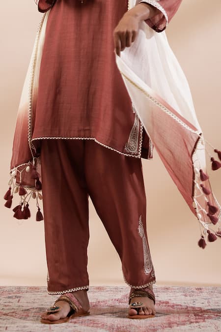 Kyra By Bhavna_Brown Silk, Cotton Rust Kurta Set With Ombre Dupatta _at_Aza_Fashions