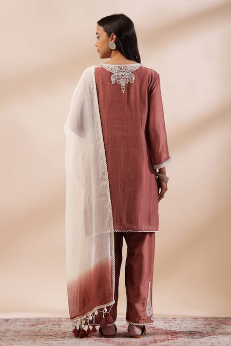 Shop_Kyra By Bhavna_Brown Silk, Cotton Rust Kurta Set With Ombre Dupatta _at_Aza_Fashions