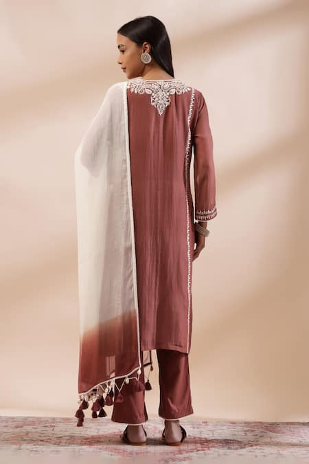 Shop_Kyra By Bhavna_Brown Chanderi Silk, Cotton Lace Rust Straight Kurta Set With Ombre Dupatta _at_Aza_Fashions