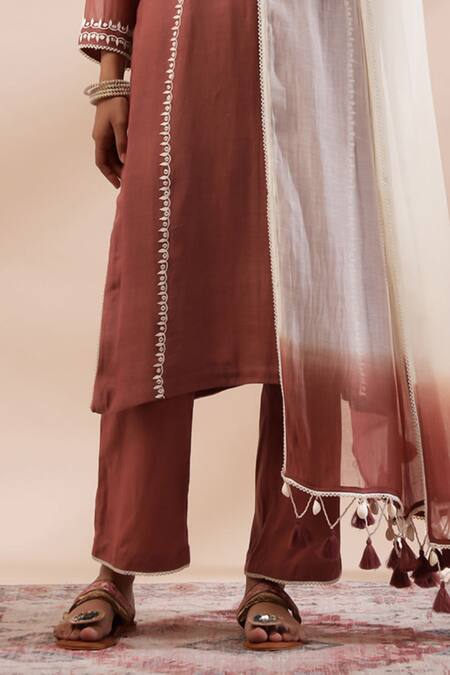 Buy_Kyra By Bhavna_Brown Chanderi Silk, Cotton Lace Rust Straight Kurta Set With Ombre Dupatta _Online_at_Aza_Fashions