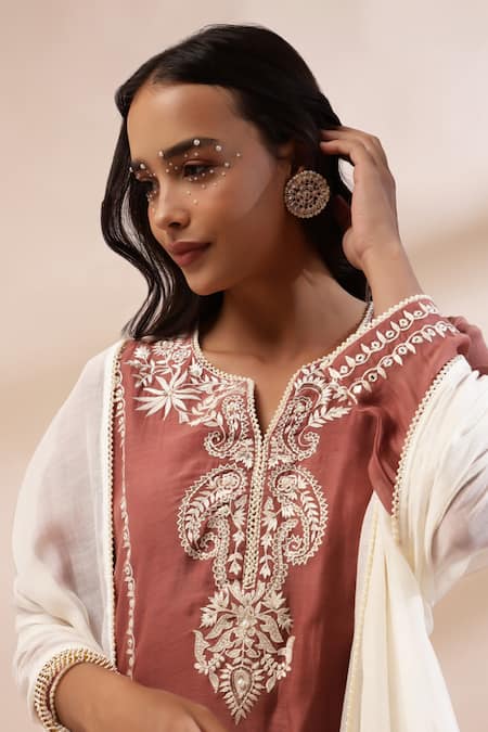 Shop_Kyra By Bhavna_Brown Chanderi Silk, Cotton Lace Rust Straight Kurta Set With Ombre Dupatta _Online_at_Aza_Fashions