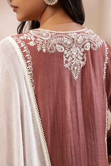 Kyra By Bhavna_Brown Chanderi Silk, Cotton Lace Rust Straight Kurta Set With Ombre Dupatta _at_Aza_Fashions