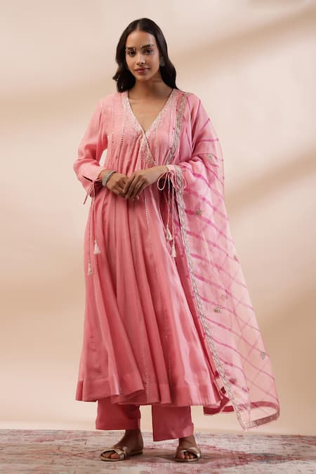 Kyra By Bhavna Peach Cotton, Chanderi Silk Sequins, Lace, Coral Angrakha Set With Dupatta Online at Aza Fashions Kyra By Bhavna_Peach Cotton, Chanderi Silk Sequins, Lace, Coral Angrakha Set With Dupatta _Online_at_Aza_Fashions