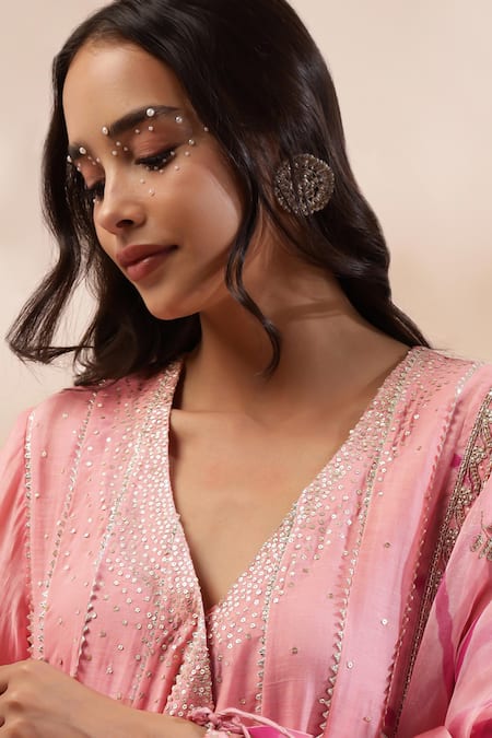 Kyra By Bhavna Peach Cotton, Chanderi Silk Sequins, Lace, Coral Angrakha Set With Dupatta at Aza Fashions Kyra By Bhavna_Peach Cotton, Chanderi Silk Sequins, Lace, Coral Angrakha Set With Dupatta _at_Aza_Fashions