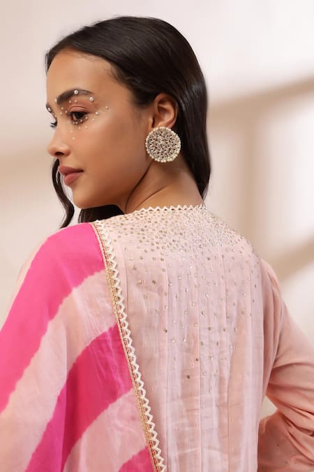 Kyra By Bhavna Peach Cotton, Chanderi Silk Embroidery, Lace, Tassels V-neck Angrakha Set Online at Aza Fashions Kyra By Bhavna_Peach Cotton, Chanderi Silk Embroidery, Lace, Tassels V-neck Angrakha Set _Online_at_Aza_Fashions