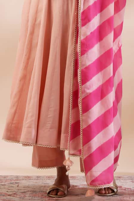 Shop Kyra By Bhavna Peach Cotton, Chanderi Silk Embroidery, Lace, Tassels V-neck Angrakha Set Online at Aza Fashions Shop_Kyra By Bhavna_Peach Cotton, Chanderi Silk Embroidery, Lace, Tassels V-neck Angrakha Set _Online_at_Aza_Fashions