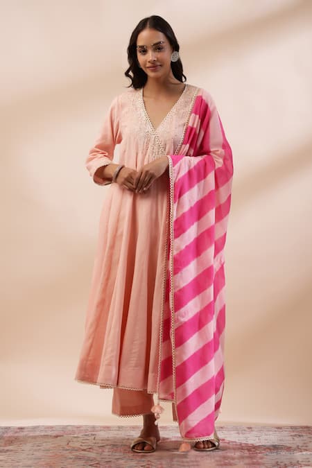 Kyra By Bhavna Peach Cotton, Chanderi Silk Embroidery, Lace, Tassels V-neck Angrakha Set at Aza Fashions Kyra By Bhavna_Peach Cotton, Chanderi Silk Embroidery, Lace, Tassels V-neck Angrakha Set _at_Aza_Fashions