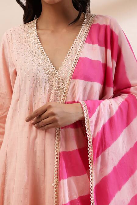 Buy Kyra By Bhavna Peach Cotton, Chanderi Silk Embroidery, Lace, Tassels V-neck Angrakha Set Buy_Kyra By Bhavna_Peach Cotton, Chanderi Silk Embroidery, Lace, Tassels V-neck Angrakha Set