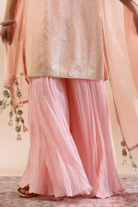 Kyra By Bhavna Peach Cotton, Voile Sequins, Gota Patti, Lace V-neck Pink Kurta Set at Aza Fashions Kyra By Bhavna_Peach Cotton, Voile Sequins, Gota Patti, Lace V-neck Pink Kurta Set _at_Aza_Fashions