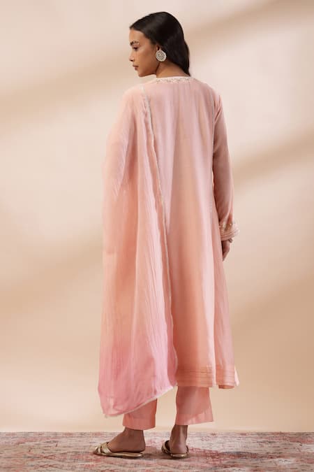 Shop Kyra By Bhavna Peach Embroidery, Lace V-neck Blush Pink Anarkali Kurta Set at Aza Fashions Shop_Kyra By Bhavna_Peach Embroidery, Lace V-neck Blush Pink Anarkali Kurta Set _at_Aza_Fashions