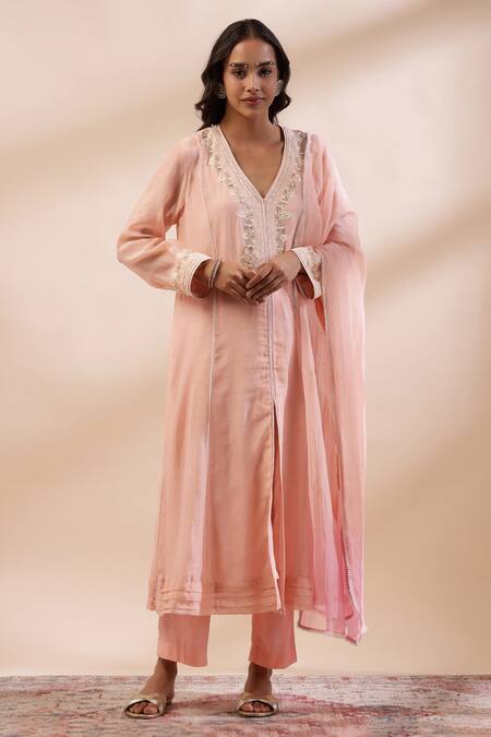 Buy Kyra By Bhavna Peach Embroidery, Lace V-neck Blush Pink Anarkali Kurta Set Online at Aza Fashions Buy_Kyra By Bhavna_Peach Embroidery, Lace V-neck Blush Pink Anarkali Kurta Set _Online_at_Aza_Fashions