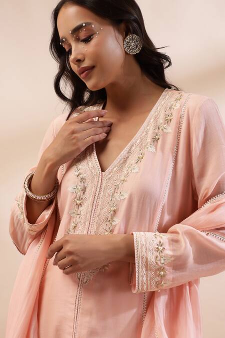 Shop Kyra By Bhavna Peach Embroidery, Lace V-neck Blush Pink Anarkali Kurta Set Online at Aza Fashions Shop_Kyra By Bhavna_Peach Embroidery, Lace V-neck Blush Pink Anarkali Kurta Set _Online_at_Aza_Fashions