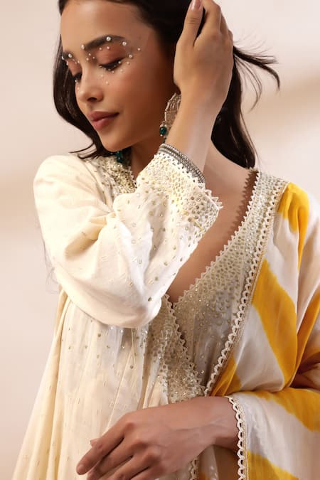 Buy Kyra By Bhavna Ivory Chanderi Silk, Cotton Embroidery, Lace Anarkali Set With Mustard Dupatta Online at Aza Fashions Buy_Kyra By Bhavna_Ivory Chanderi Silk, Cotton Embroidery, Lace Anarkali Set With Mustard Dupatta _Online_at_Aza_Fashions