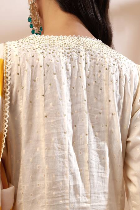 Shop Kyra By Bhavna Ivory Chanderi Silk, Cotton Embroidery, Lace Anarkali Set With Mustard Dupatta Online at Aza Fashions Shop_Kyra By Bhavna_Ivory Chanderi Silk, Cotton Embroidery, Lace Anarkali Set With Mustard Dupatta _Online_at_Aza_Fashions