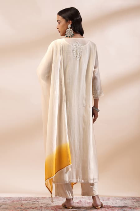 Shop Kyra By Bhavna Ivory Chanderi Silk, Cotton Embroidery, Lace V-neck Kurta Set at Aza Fashions Shop_Kyra By Bhavna_Ivory Chanderi Silk, Cotton Embroidery, Lace V-neck Kurta Set _at_Aza_Fashions