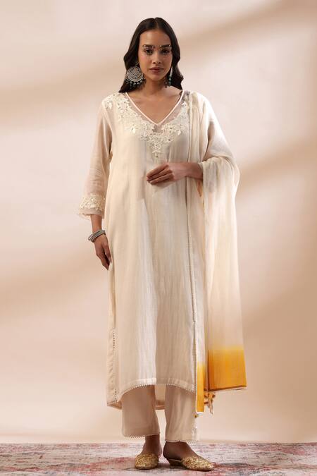 Shop Kyra By Bhavna Ivory Chanderi Silk, Cotton Embroidery, Lace V-neck Kurta Set Online at Aza Fashions Shop_Kyra By Bhavna_Ivory Chanderi Silk, Cotton Embroidery, Lace V-neck Kurta Set _Online_at_Aza_Fashions