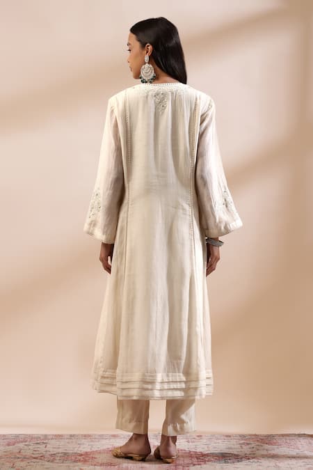 Shop_Kyra By Bhavna_Ivory Chanderi Silk, Cotton Lace, Embroidery V-neck Placement Kurta With Pant _at_Aza_Fashions
