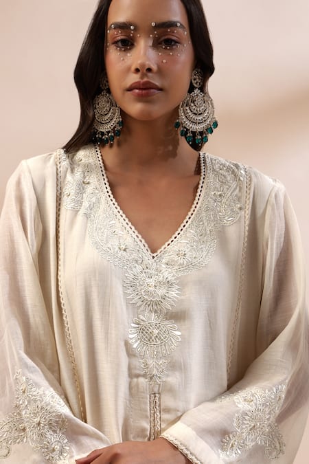 Shop_Kyra By Bhavna_Ivory Chanderi Silk, Cotton Lace, Embroidery V-neck Placement Kurta With Pant _Online_at_Aza_Fashions