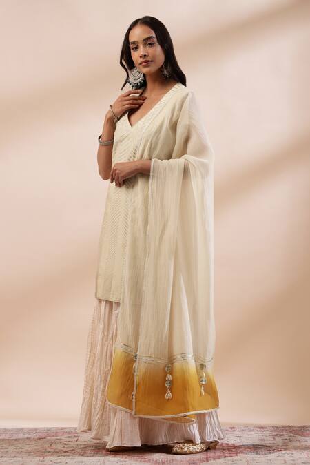 Kyra By Bhavna_Ivory Chanderi Silk, Cotton Lace, Tassels V-neck Textured Sharara Set _Online_at_Aza_Fashions