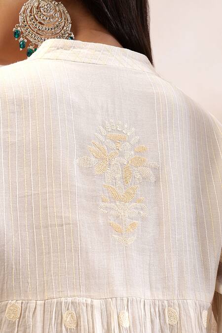 Buy_Kyra By Bhavna_Ivory Cotton, Chanderi Silk Embroidery Split V-neck Anarkali Kurta Set _Online_at_Aza_Fashions