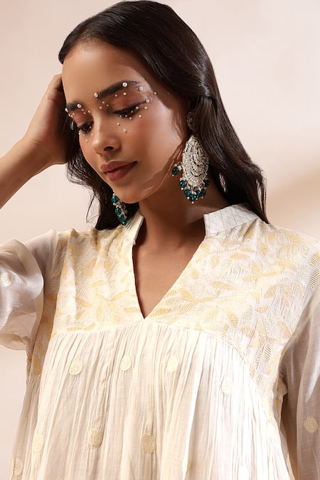 Shop_Kyra By Bhavna_Ivory Cotton, Chanderi Silk Embroidery Split V-neck Anarkali Kurta Set _Online_at_Aza_Fashions