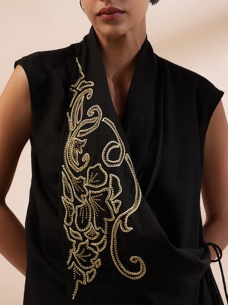 Kyra By Bhavna_Black Linen, Viscose, Satin Embroidery Open Neck Wrap Top And Printed Pants Set _Online_at_Aza_Fashions