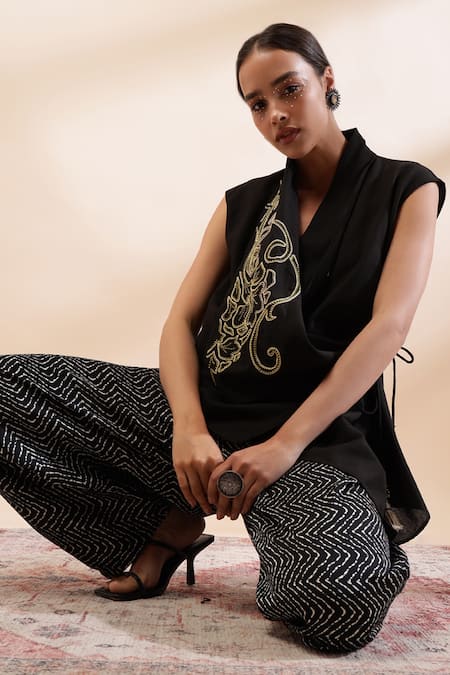 Buy_Kyra By Bhavna_Black Linen, Viscose, Satin Embroidery Open Neck Wrap Top And Printed Pants Set _Online_at_Aza_Fashions