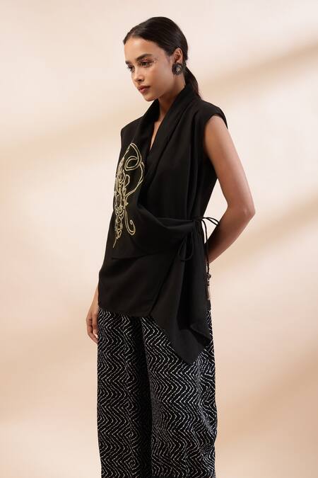 Shop_Kyra By Bhavna_Black Linen, Viscose, Satin Embroidery Open Neck Wrap Top And Printed Pants Set _Online_at_Aza_Fashions