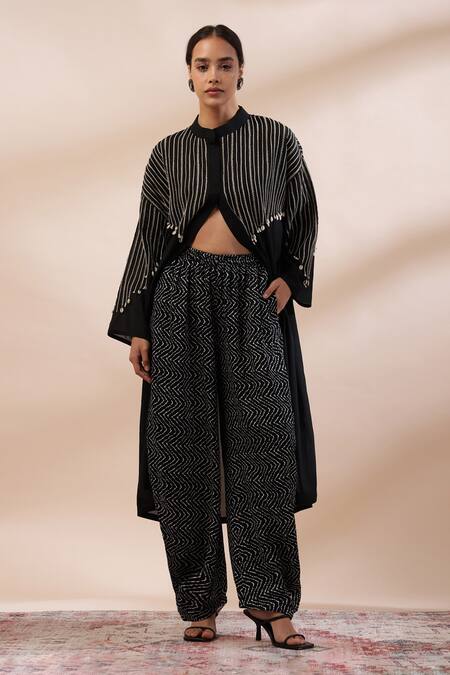 Kyra By Bhavna_Black Satin, Voile, Viscose Beads, Embroidery Mandarin Dori Work Jacket Set _Online_at_Aza_Fashions